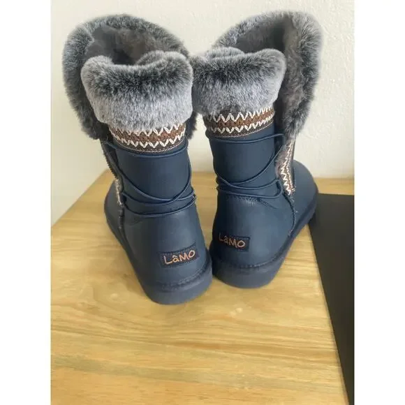 Lamo NWOT Alma Boots Fur Lined Navy Brown Stitching Mid Calf Size 8 - Picture 2 of 4